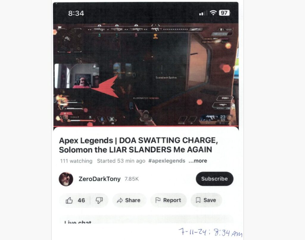 [EXHIBIT 3A: Screenshot of ZeroDarkTony YouTube livestream, 7-11-24, 8:34am, "Apex Legends | DOA SWATTING CHARGE, Solomon the LIAR SLANDERS Me AGAIN", 111 watching]