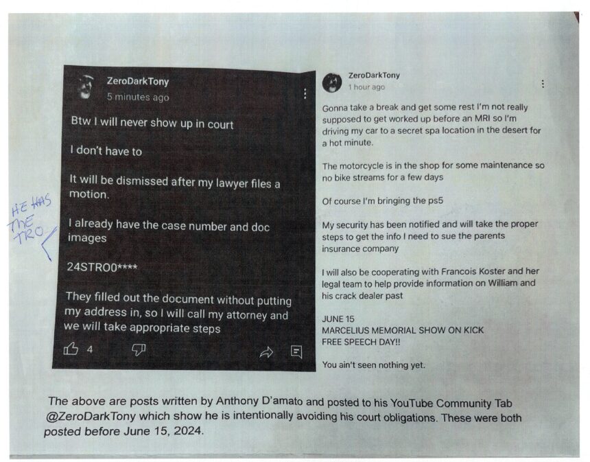 [EXHIBIT 1A: Screenshot of ZeroDarkTony YouTube Community Tab post, annotated "HE HAS THE TRO", Post reads: "Btw I will never show up in court. I don't have to. It will be dismissed after my lawyer files a motion. I already have the case number and doc images. 24STRO0**. They filled out the document without putting my address in, so I will call my attorney. We will take appropriate steps."]**