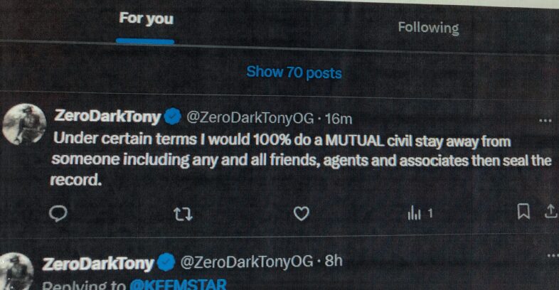 [Screenshot of @ZeroDarkTonyOG post, annotated by Linn: "ZERO DARK  TONY / AFTER SERVICE / POSTED THIS ACKNOWLEDGMENT OF SERVICE", Post reads: "Under certain terms I would 100% do a MUTUAL civil stay away from someone including any and all friends, agents and associates then seal the record."]