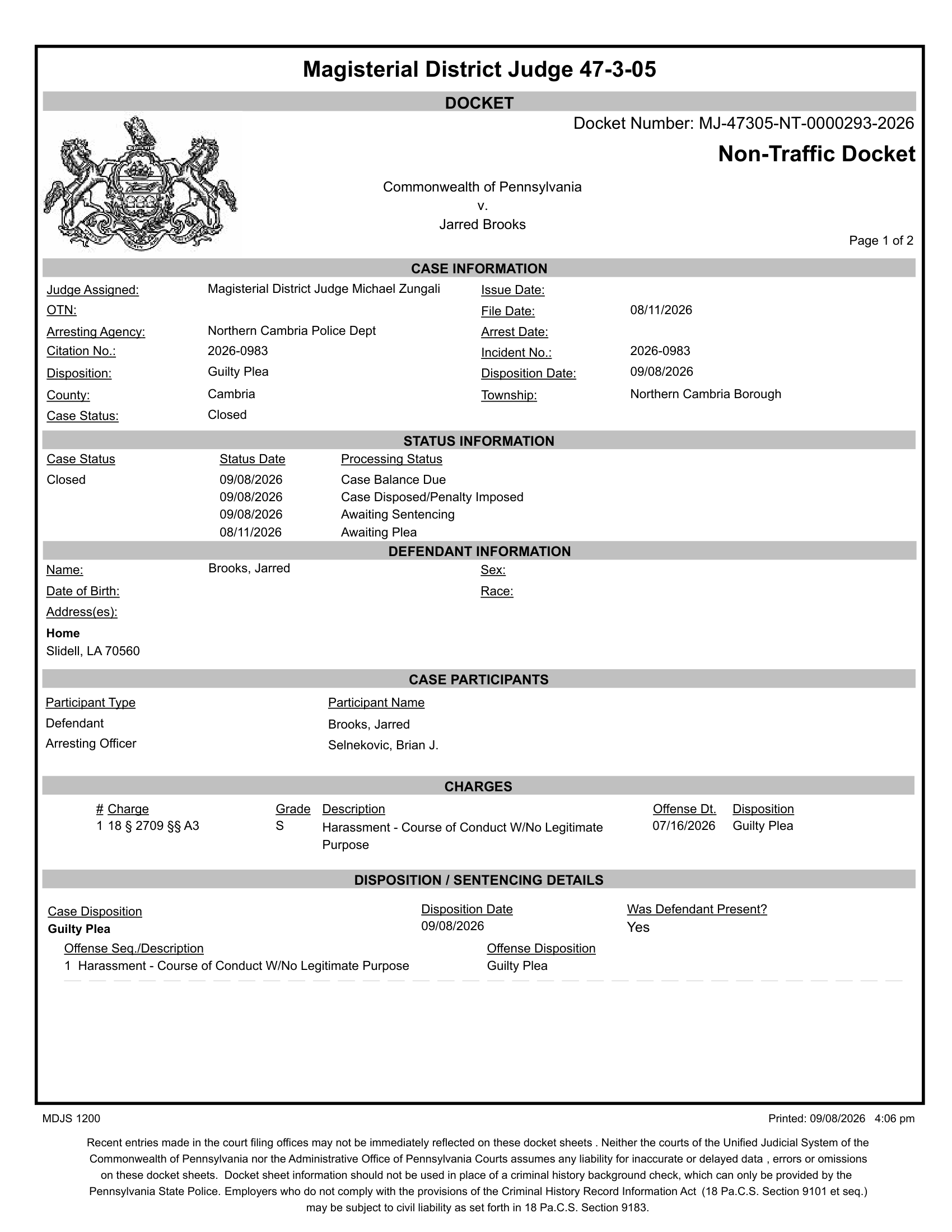 Non-traffic docket showing the guilty plea entered September 8, 2026